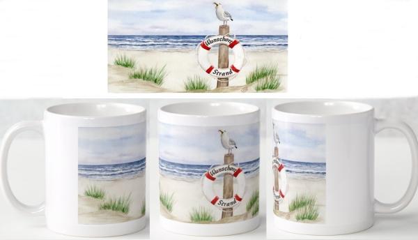 Tasse Becher Kaffeebecher  Rettungsring Aquarell Maritim Kunst Druck Kunstdruck Dänemark Nordsee Ostsee Düne Meer Möwe Strand Wunschname